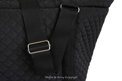 Muffin & Berry soft luxury dog carrier in black with quilted fabric and removable lid