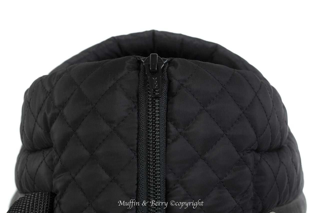 Muffin & Berry soft luxury quilted dog sling carrier with cotton lining and zipper closure in black