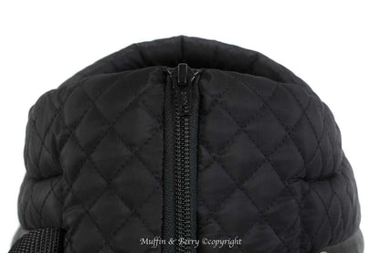 Muffin & Berry soft luxury quilted dog sling carrier with cotton lining and zipper closure in black