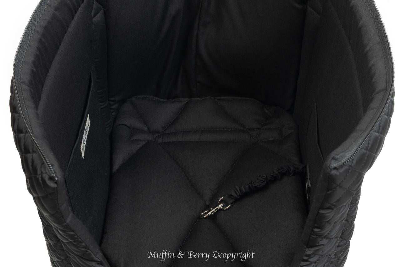 Muffin & Berry black quilted soft luxury dog carrier with removable lid and safety leash