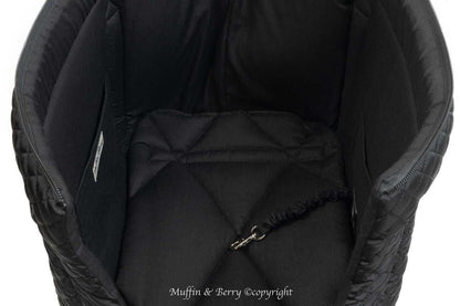 Muffin & Berry black quilted soft luxury dog carrier with removable lid and safety leash