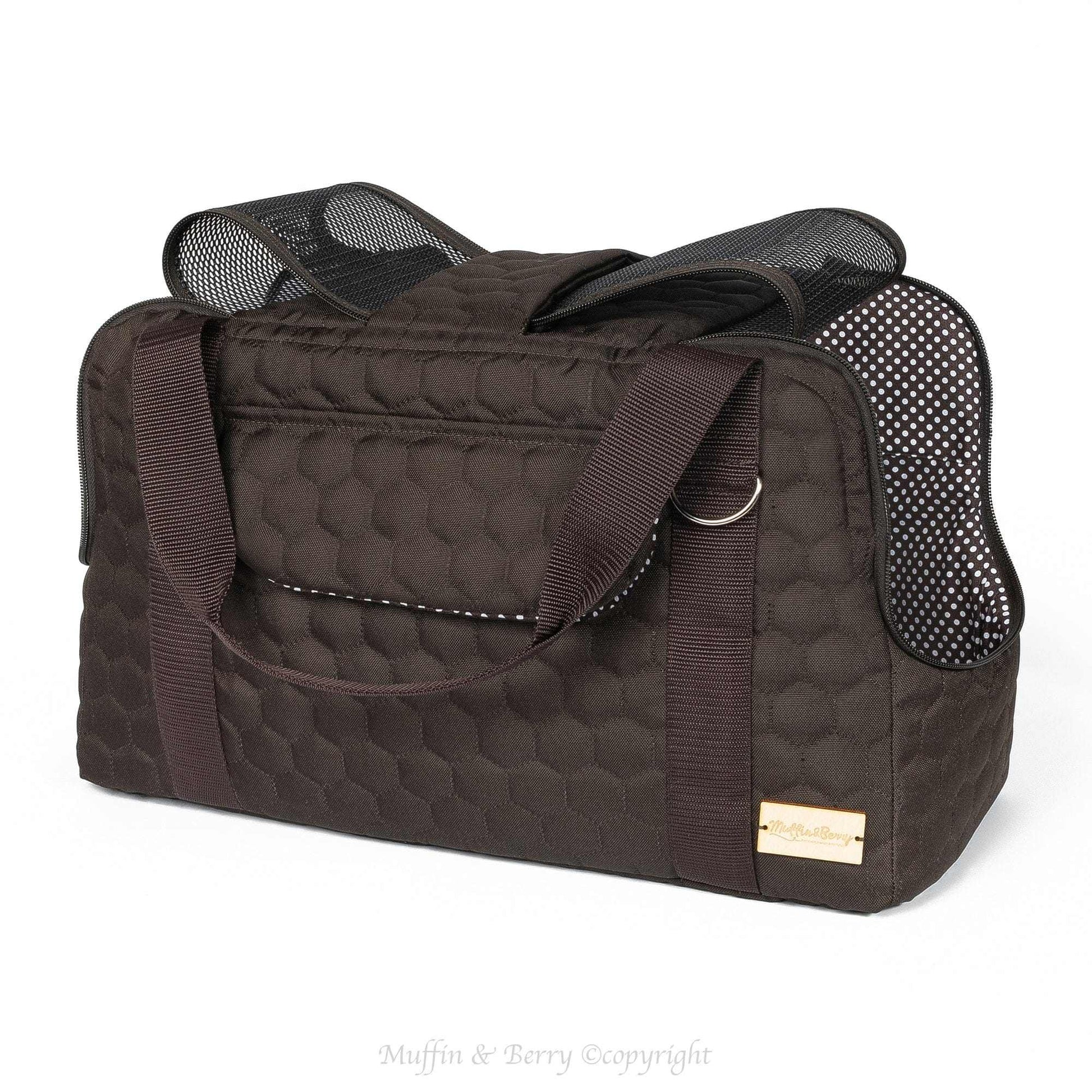 Muffin & Berry Hazel black travel carrier for pets with breathable mesh panels and secure zip closure