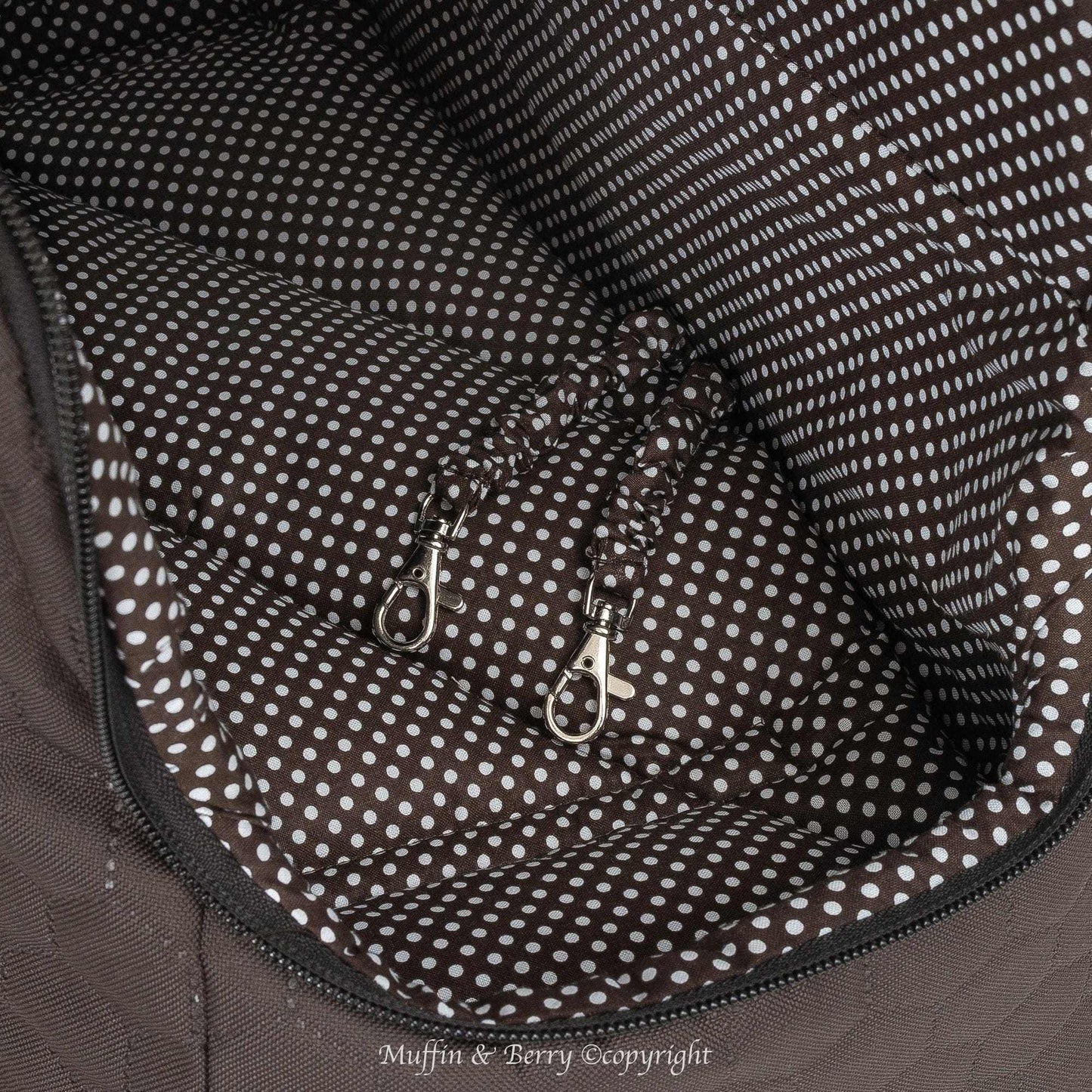 Black Muffin & Berry travel carrier for pets with breathable mesh panels and secure zip closure