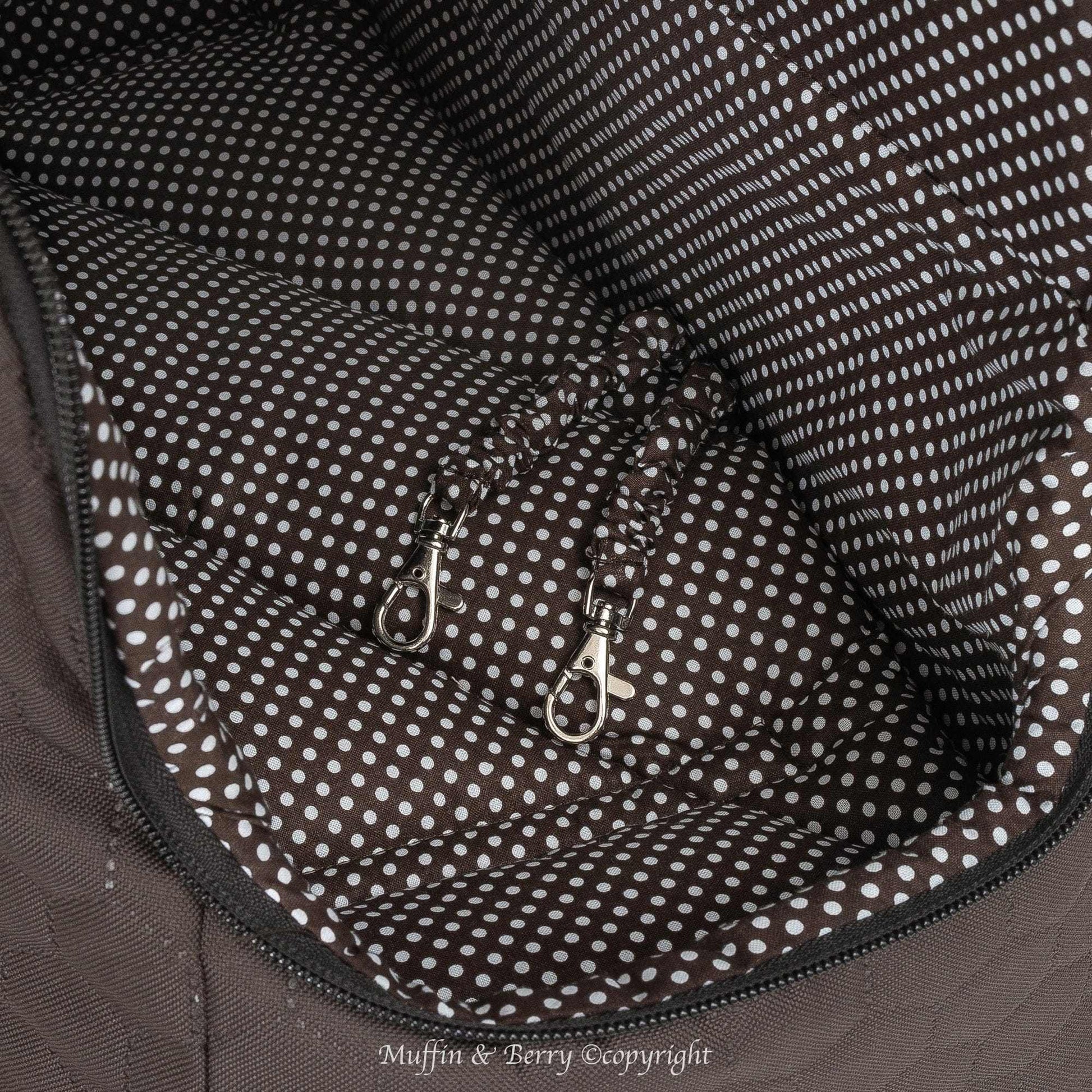 Black Muffin & Berry travel carrier for pets with breathable mesh panels and secure zip closure
