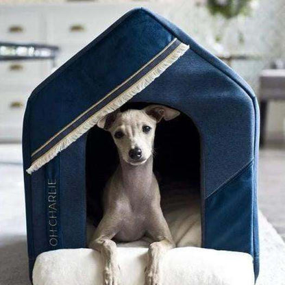 Allure Doghouse luxury navy blue with golden accents, lightweight and removable sides for easy cleaning