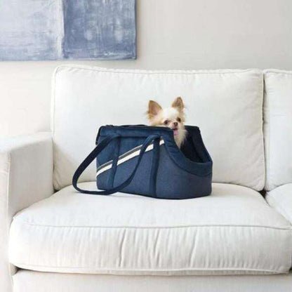 Navy blue Allure Travel Bag LUXURY by Oh Charlie with golden accents and soft interior for pet comfort