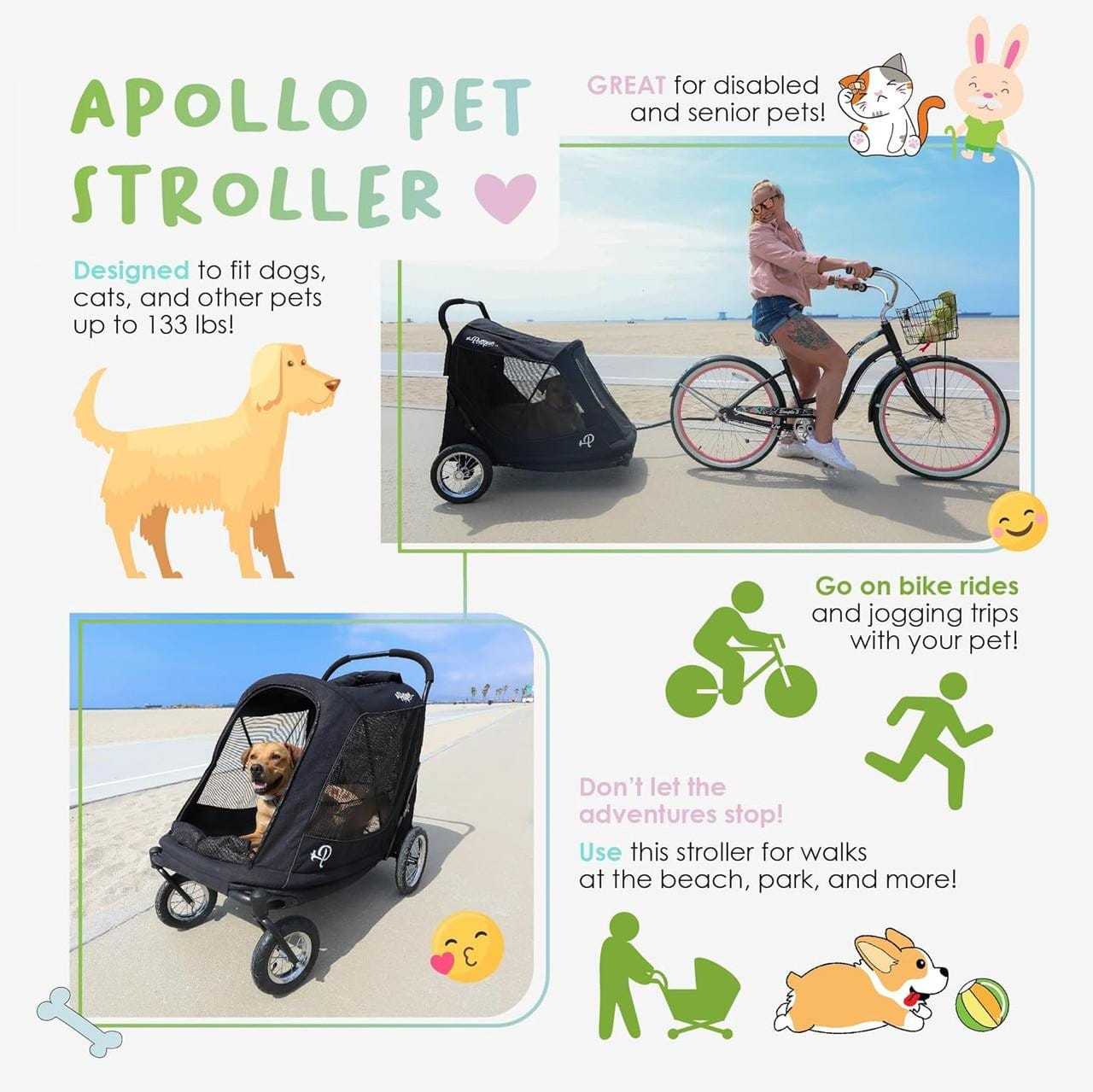 Petique Apollo Elite large dog stroller with bike trailer for pets up to 60kg
