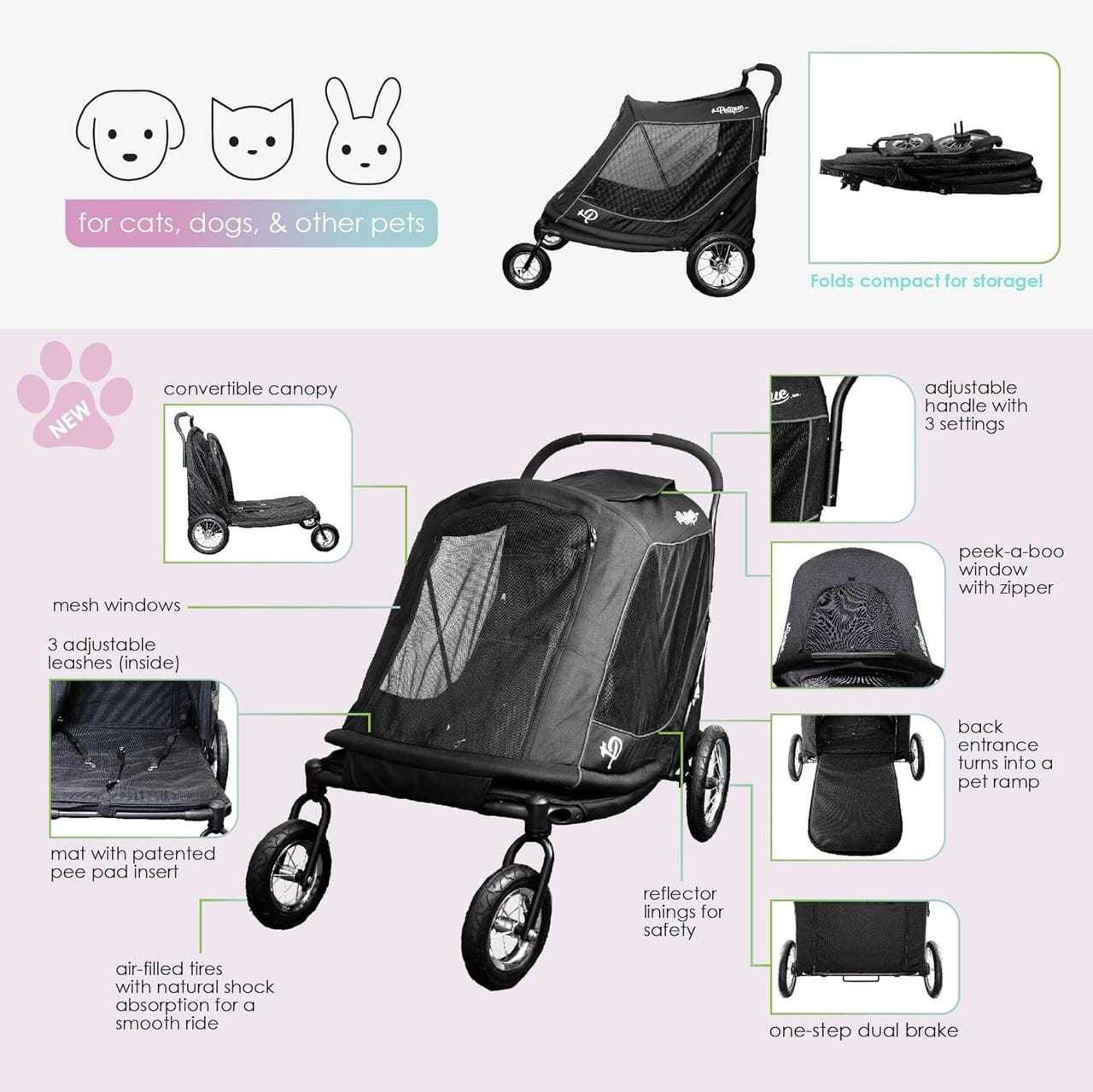 Petique Apollo Elite large dog stroller and bike trailer for pets up to 60kg with all-terrain wheels and spacious cabin