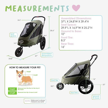 Petique Breeze Pet Jogger dog stroller with all-terrain wheels and mesh windows for dogs up to 35kg, featuring a lightweight frame and included rain cover and pump.