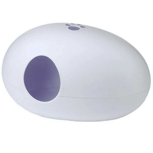 The Cat Poo Pod white designer cat litter box with paw handle and ergonomic scoop
