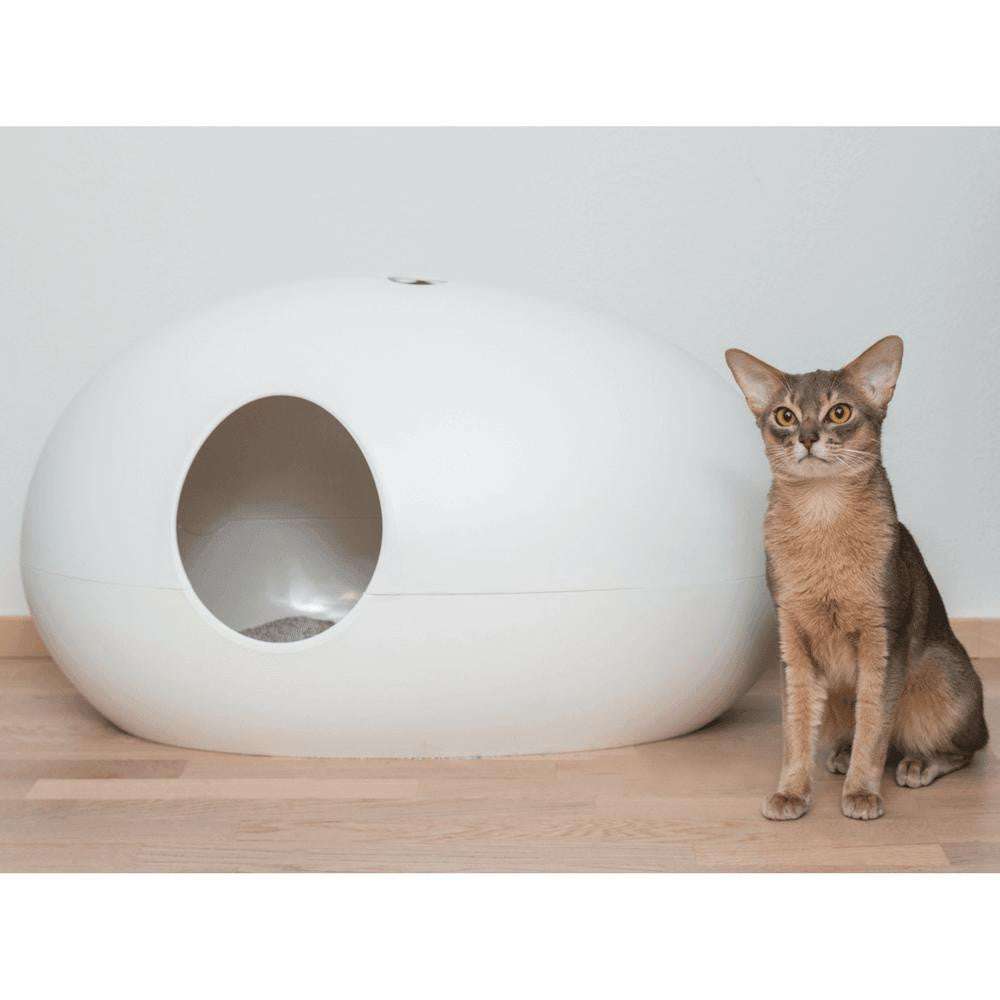 The Cat Poo Pod white designer cat litter box with paw handle and ergonomic scoop