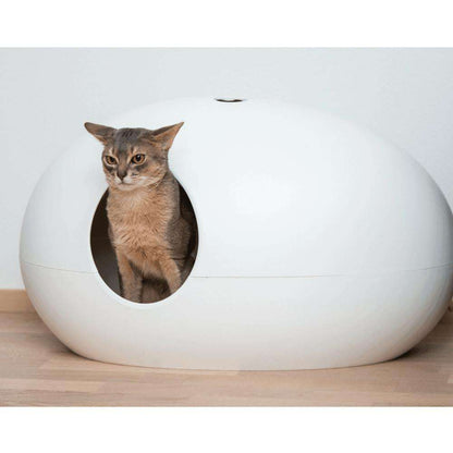 White Cat Poo Pod designer litter box with paw handle and ergonomic scoop