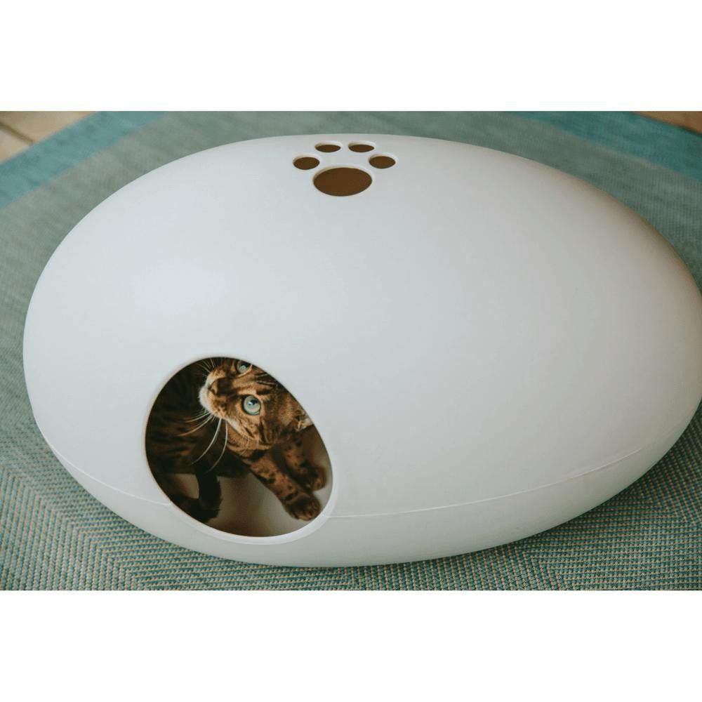 The Cat Poo Pod white designer cat litter box with paw handle and anti-odour features