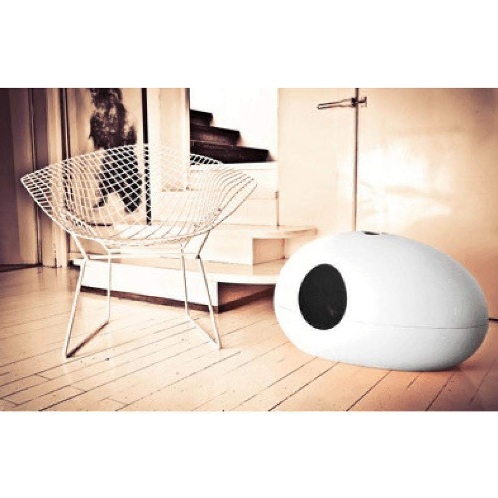 The Cat Poo Pod white designer cat litter box with paw handle and anti-odour tablets
