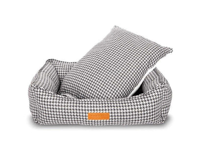 Luxury Tweed Dog Bed in houndstooth pattern with plush orthopaedic support and removable washable cover