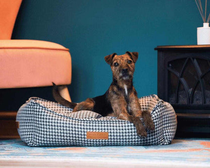 Luxury Tweed Dog Bed in houndstooth pattern with plush faux fur lining and orthopedic support