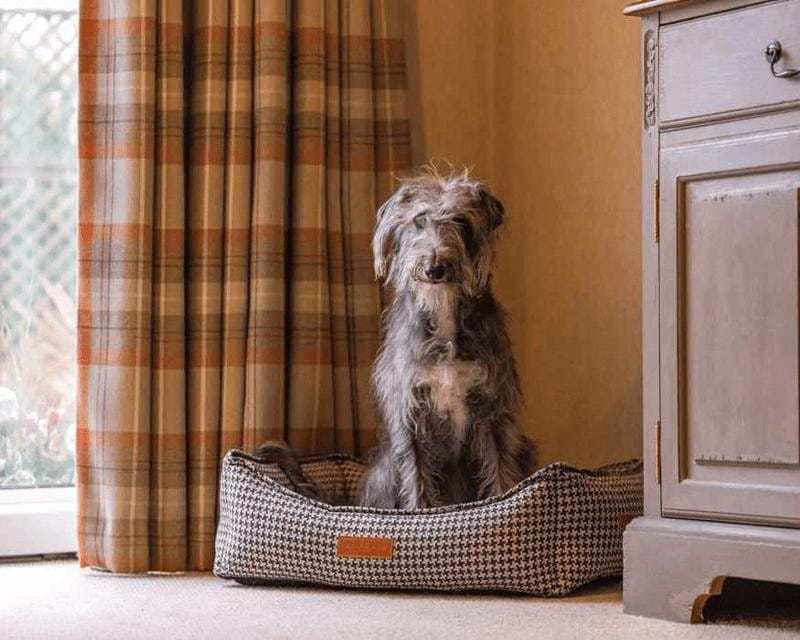 Luxury Tweed Dog Bed in houndstooth pattern with plush cushioning and orthopedic support for dogs