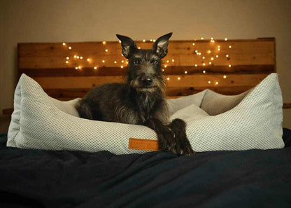 Orthopedic memory foam dog bed with beige knitted upholstery and nest design for joint support and comfort