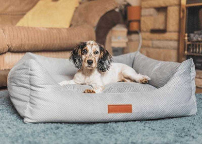 Orthopedic memory foam dog bed with beige knitted upholstery and durable bolster walls