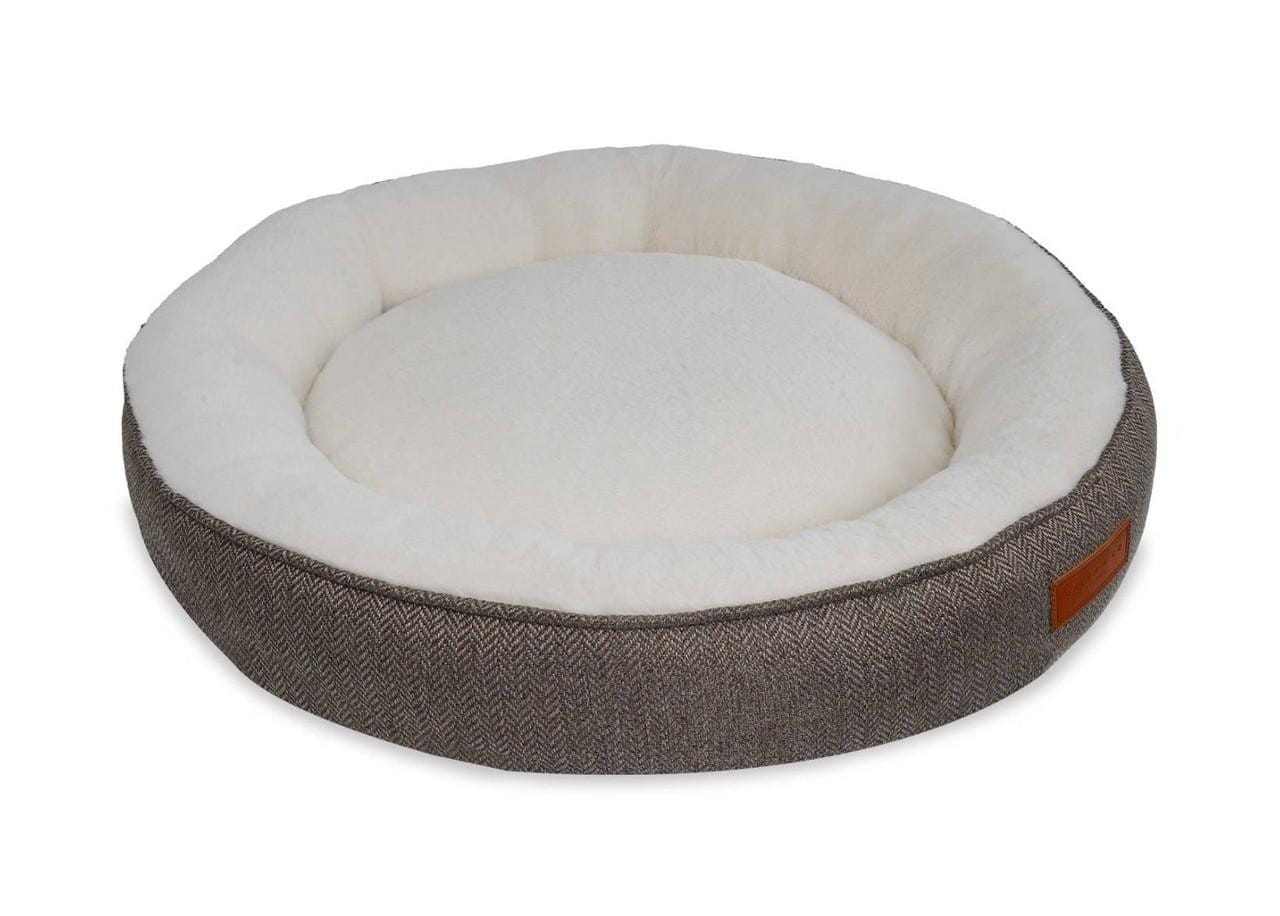 Ralph & Co Tweed Calming Donut Dog Bed Lincoln with herringbone tweed and faux rabbit fur lining for dog comfort and anxiety relief