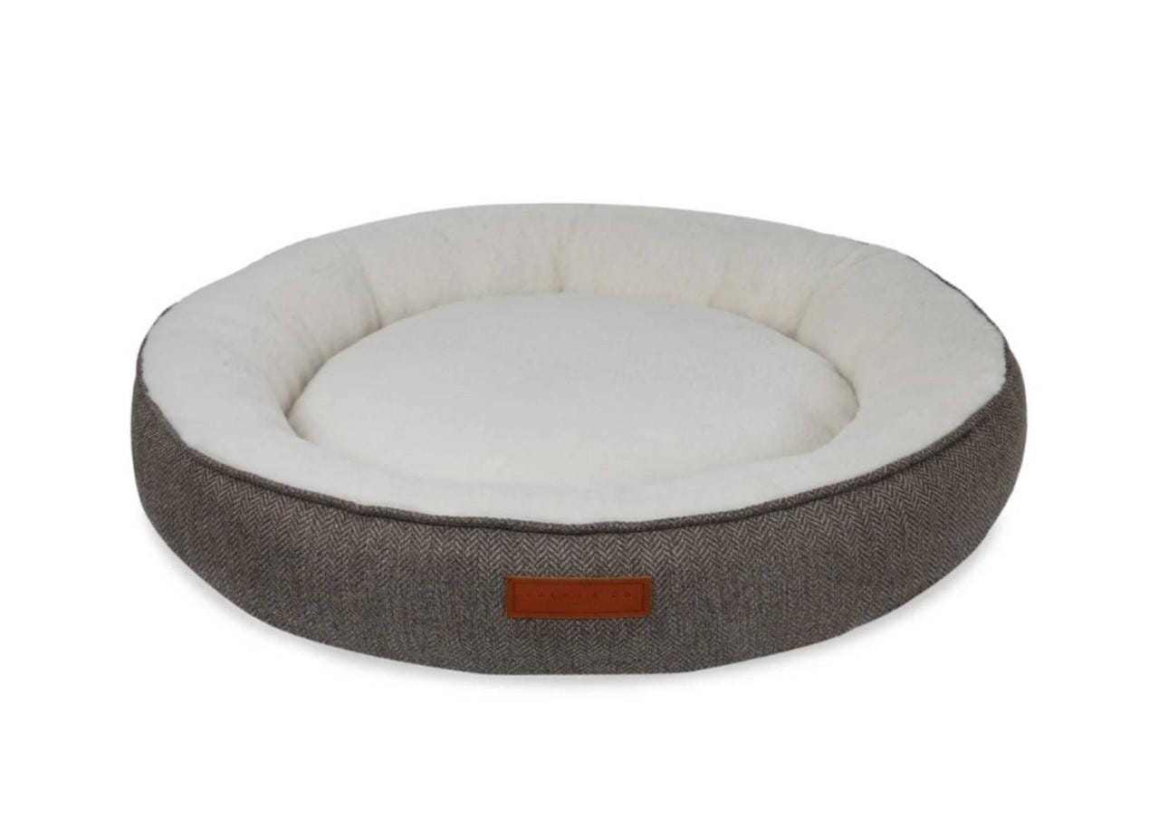 Ralph & Co Tweed Calming Donut Dog Bed in Lincoln design with herringbone tweed and faux rabbit fur lining.