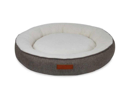 Ralph & Co Tweed Calming Donut Dog Bed in Lincoln design with herringbone tweed and faux rabbit fur lining.