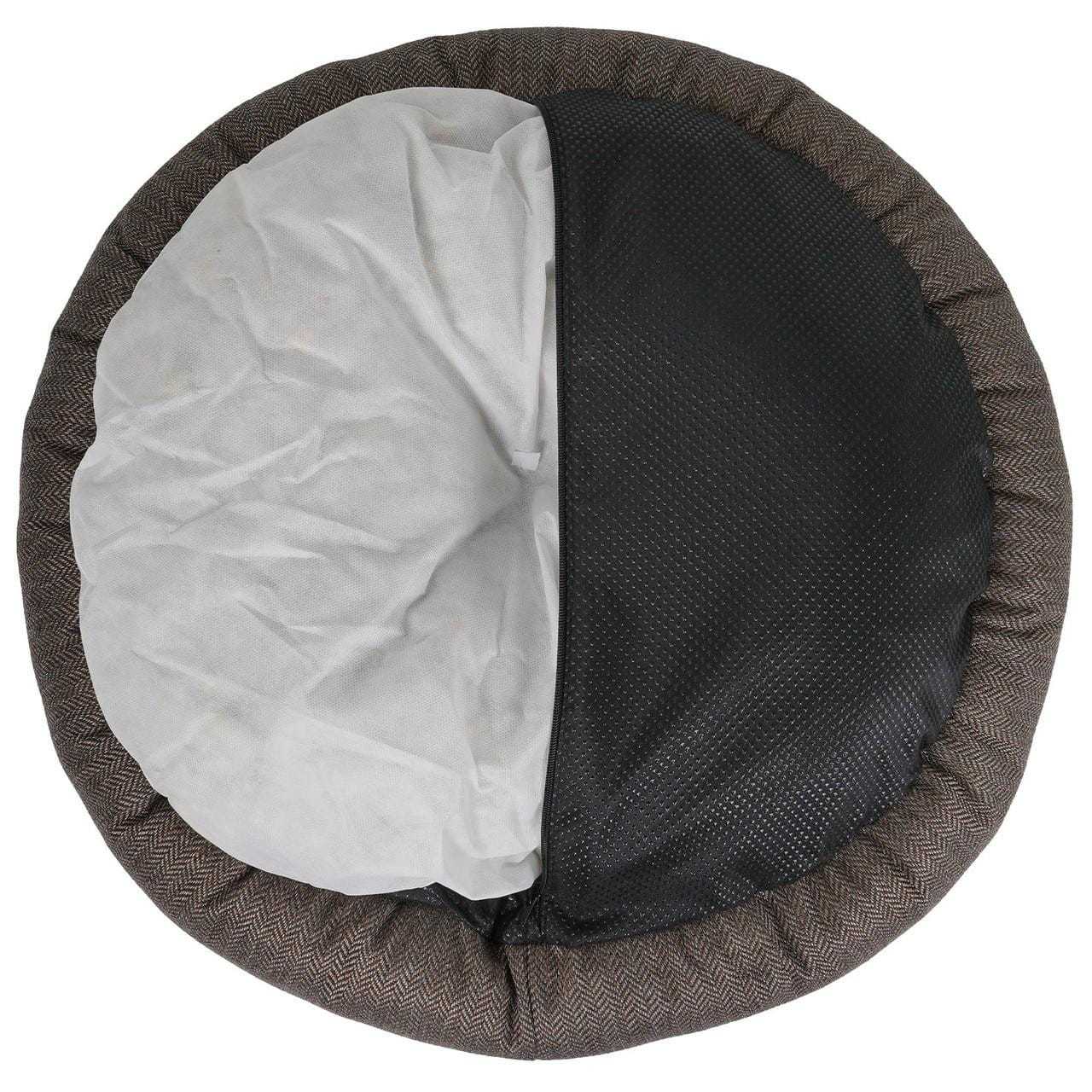 Ralph & Co Tweed Calming Donut Dog Bed in Lincoln design with herringbone tweed and faux rabbit fur lining