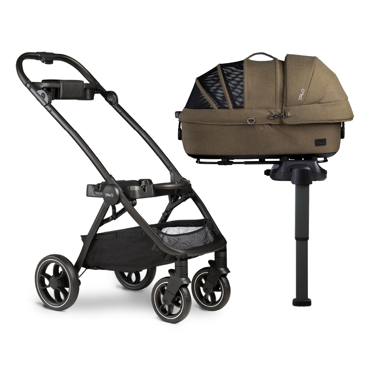 Tavo Maeve pet car seat clipped into Roscoe stroller frame for pet travel system