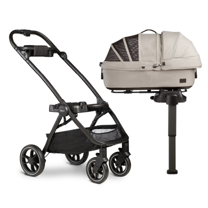 Tavo Maeve pet car seat clipped into Roscoe stroller frame with vehicle base for pet travel system