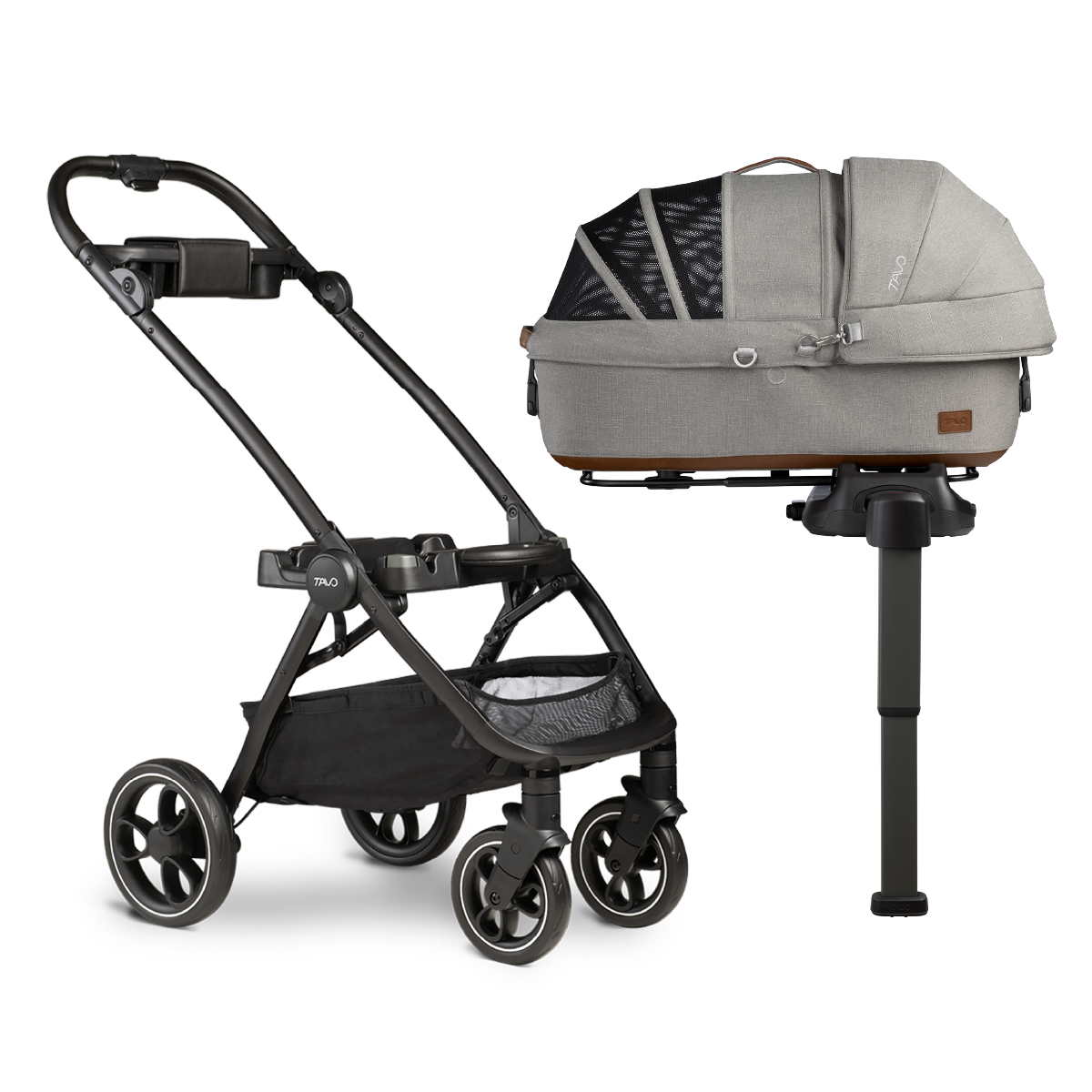 Tavo Maeve pet car seat clipped onto Roscoe stroller frame in black