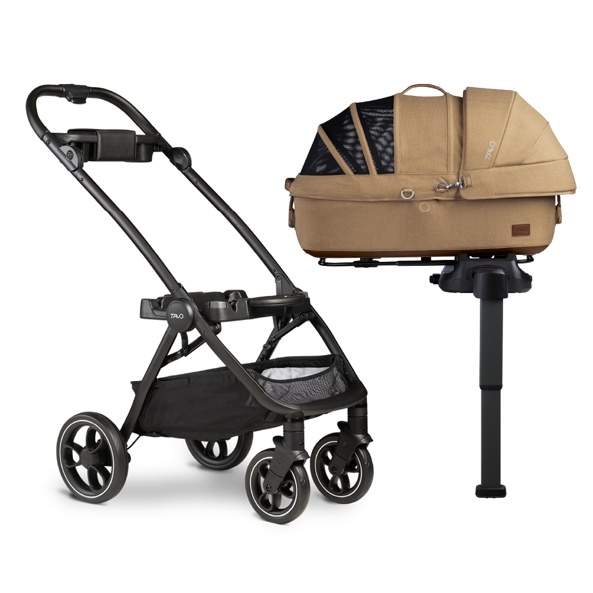 Tavo Maeve pet car seat clipped into Roscoe stroller frame for pet travel system
