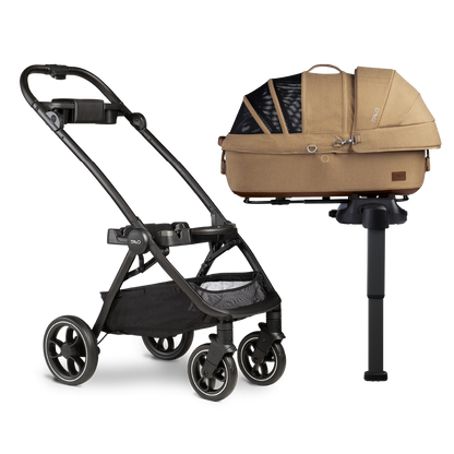 Tavo Maeve pet car seat clipped into Roscoe stroller frame for pet travel system