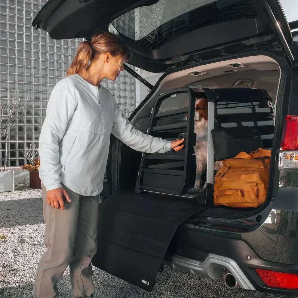 Thule Allax crash-tested black dog car crate installed in vehicle boot with secure straps