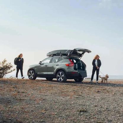 Thule Allax black crash-tested dog car crate secured in vehicle boot with adjustable depth and gas-dampened door