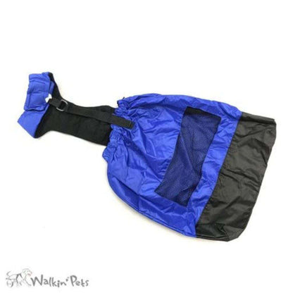 Walkin’ Drag Bag in bright blue nylon with mesh panel protecting dog's chest and rear legs from floor scraping