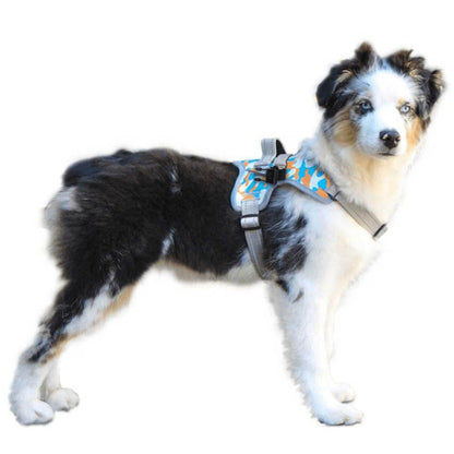 Walkin’ Warrior Front Harness for dogs with adjustable straps, padded handle, and reflective nylon webbing in camouflage colors