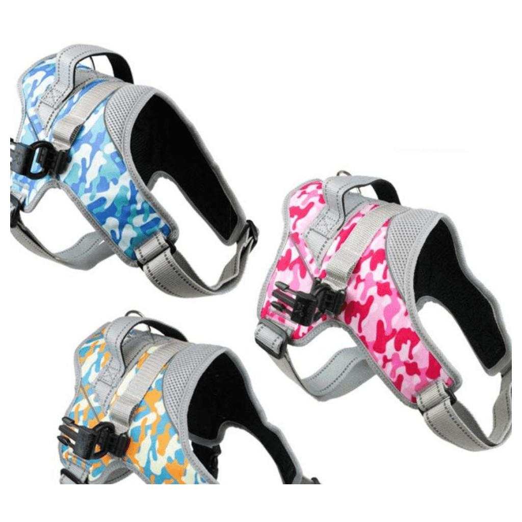Walkin’ Warrior Front Harness heavy-duty adjustable dog harness in camouflage colors with padded handle and reflective straps