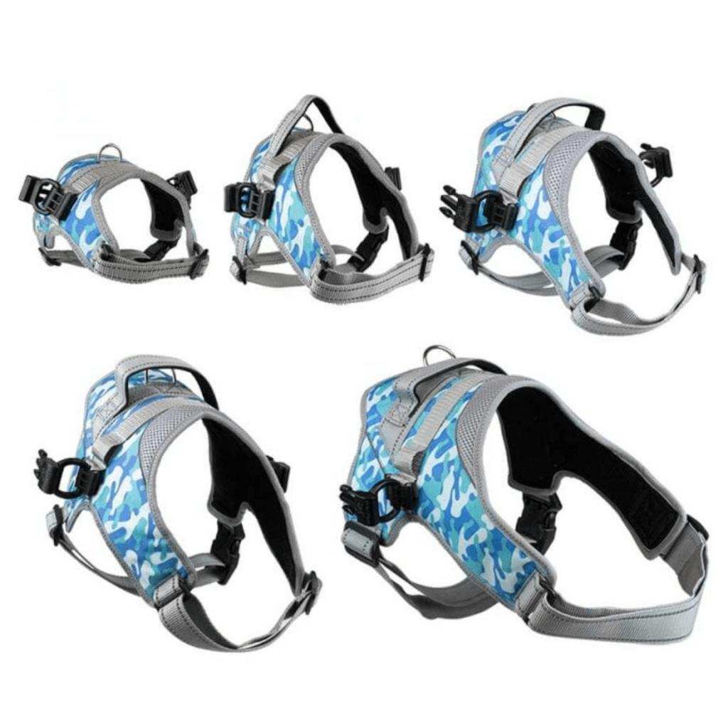 Walkin’ Warrior Front Harness for dogs with adjustable straps and padded nylon handle in camouflage colors